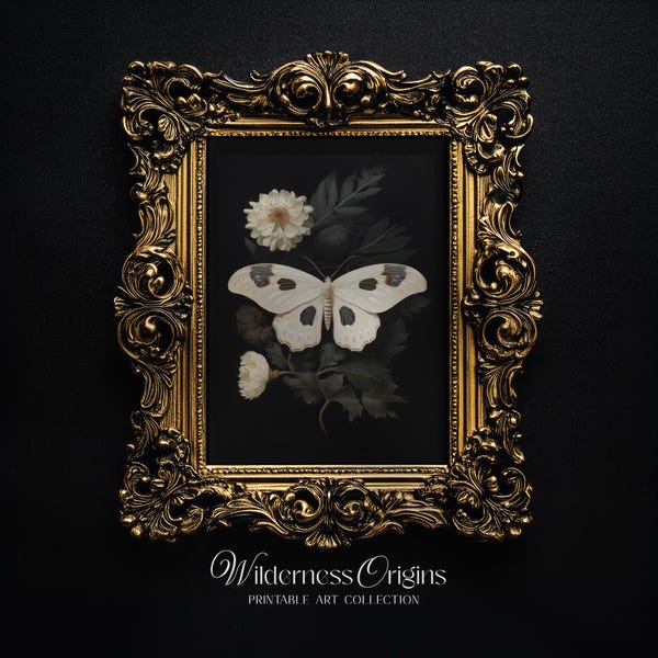 White Cabbage Butterfly Print: Dark Cottagecore Moody Floral Wall Art (Digital Download)