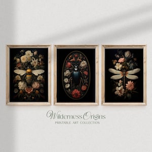 Skarabäus-Käfer, Biene und Libelle mit Florals / 3er-Set / dunkele Akademische Ästhetik, Cottagecore, stimmungsvolle Kunst, dunkle Pflanzen, Insektenmuster