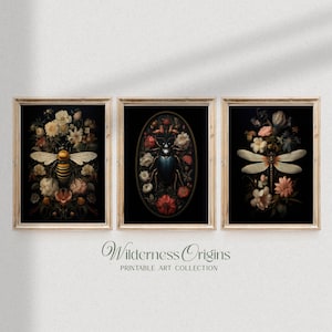 Scarab Beetle, Bee and Dragonfly with Florals / set of 3 / dark academia aesthetic, cottagecore, moody art, dark botanicals, insect print