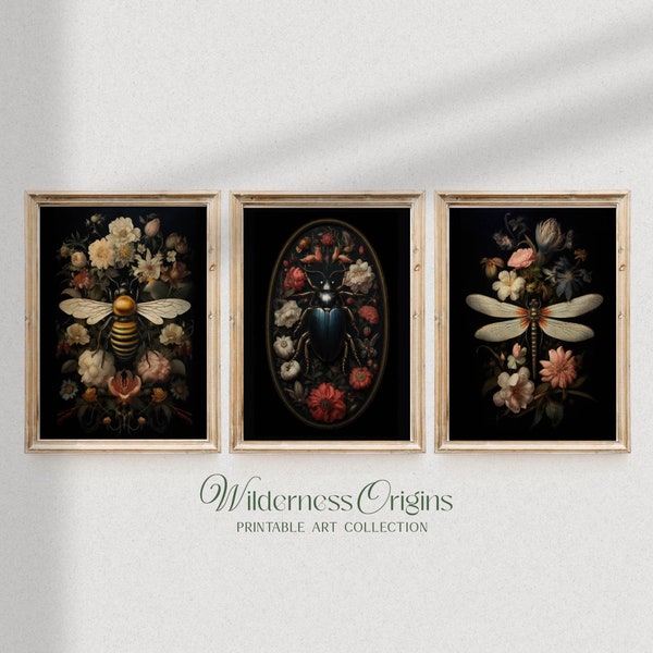 Scarab Beetle, Bee and Dragonfly with Florals / set of 3 / dark academia aesthetic, cottagecore, moody art, dark botanicals, insect print