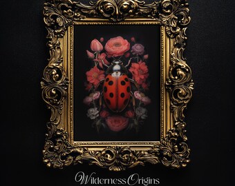 Bloemenprint met lieveheersbeestjes: Donkere cottagecore muurdecoratie (digitale download)