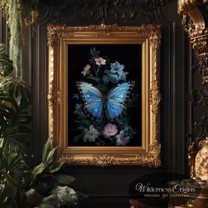 May include: A framed print of a blue morpho butterfly with its wings spread wide, surrounded by delicate pink and white flowers on a black background. The frame is ornate and gold.