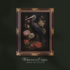 Schwarzstorch mit Blumen / düstere stimmungsvolle Blumenbilder, Cottagecore Wandkunst, dunkle Ästhetik, dunkle Natur