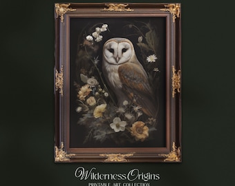 Barn Owl Floral Print, Dark Cottagecore Wall Art (Digital Download)