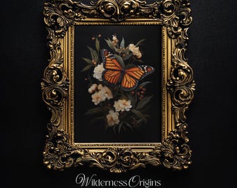 Monarch Butterfly with Florals, cottagecore print, moody wall art, dark academia aesthetic, dark nature, insect print, dark сottagecore