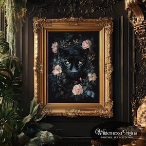 Black Panther with Botanical Florals, black cat floral, dark botanical, moody black cat, dark cottagecore decor, moody floral, dark academia