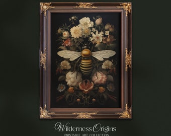 Bee with Forals / cottagecore print, moody wall art, dark aesthetic, dark nature, insect print, vintage nature art, dark academia