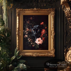 Black Panther with Botanical Florals, black cat floral, dark botanical, moody black cat, dark cottagecore decor, moody floral, dark academia