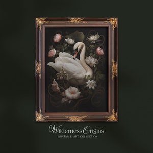 White Swan with Florals / dark moody prints, cottagecore wall art,  dark academia aesthetic, dark nature