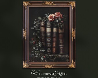 Vintage Books & Roses Art Print: Dark Academia Decor (Digital Download)