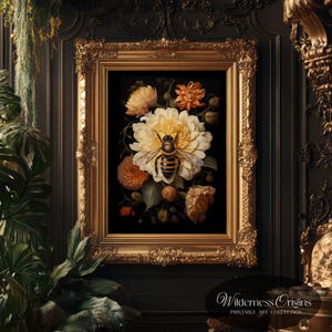Bee on Flower, moody queen bee print, cottagecore print, botanical printable, floral dark academia, cottagecore insect print, vintage poster