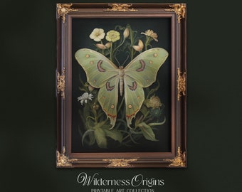 Luna Moth with Florals, cottagecore print, butterfly, moody wall art, dark academia aesthetic, dark nature, insect print, vintage nature