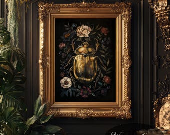 Gold Beetle Floral Print: Dark Academia Cottagecore Art (Digital Download)