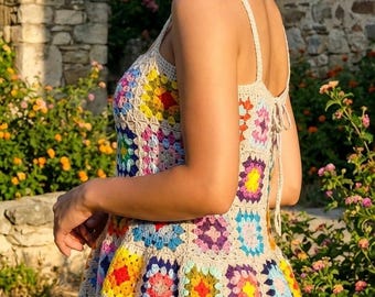 Personalized Colorful Crochet Mini Dress – Boho Granny Square Festival Outfit