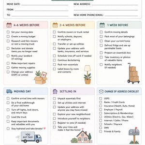 Może przedstawiać: Wydrukowany dokument z listą kontrolną przeprowadzkową z tytułem MOVING CHECKLIST. Zawiera sekcje dotyczące informacji o przeprowadzce, harmonogramy od 4-6 tygodni przed do dnia przeprowadzki, listę zmiany adresu oraz miejsce na notatki.