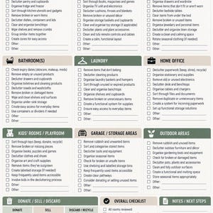 May include: A home organising decluttering checklist printed on a rectangular sheet. The document features sections for kitchen, living room, bedroom, bathroom, laundry, home office, kids' rooms, garage, outdoor areas, donate, sell, discard, and notes.