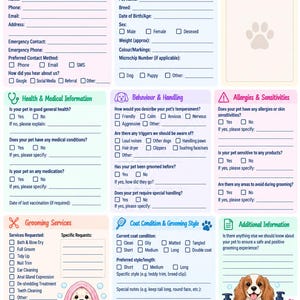 May include: A Dog Grooming Client & Pet Intake Form with sections for client details, pet information, health, behavior, allergies, services, and coat condition. The document features illustrations of dogs, shampoo, conditioner, and paw prints.