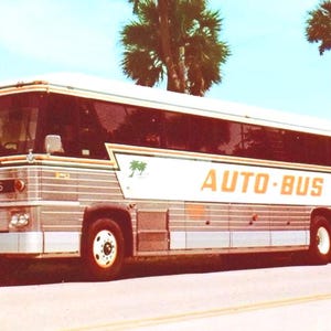 Può includere: Un pullman AUTO-BUS grigio e bianco d'epoca parcheggiato sul ciglio di una strada vicino a un corso d'acqua. L'autobus ha la scritta AUTO-BUS in lettere arancioni sul lato. Le palme sono sullo sfondo.