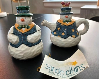 Enesco Sande Elkins Snowman Creamer and Sugar Bowl