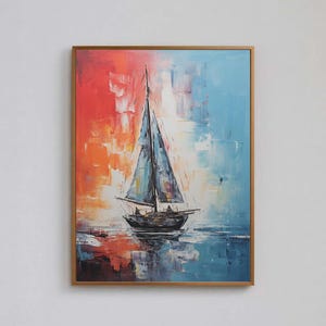 以下が含まれることがあります： 水上のヨットを描いた額入りの油絵。この作品は、青い帆を持つヨットを、赤と青の筆致を背景に描いています。絵は金のフレームに入っており、白い壁に掛けられています。