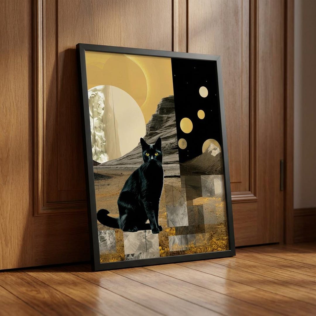 Black Cat Art Print Surreal Cosmic Desert Landscape Wall Decor | Modern ...