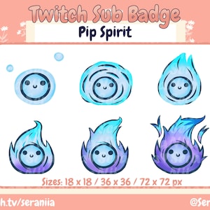 Könnte beinhalten: Ein Satz von sechs Twitch-Abo-Abzeichen mit einem blauen und violetten Cartoon-Geist mit einem lächelnden Gesicht. Die Abzeichen haben verschiedene Größen: 18 x 18 Pixel, 36 x 36 Pixel und 72 x 72 Pixel. Der Text "Twitch Sub Badge Pip Spirit" und "Sizes: 18 x 18 / 36 x 36 / 72 x 72 px" ist ebenfalls im Bild enthalten.