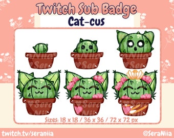 May include: A set of six Twitch sub badges featuring a cartoon cactus with cat ears in different sizes. The badges are in various stages of growth, with some having flowers and others having a heart on the pot. The text "Twitch Sub Badge Cat-cus" is at the top of the image. The text "Sizes: 18 x 18 / 36 x 36 / 72 x 72 px" is at the bottom of the image. The text "twitch.tv/seraniia" is at the bottom left of the image. The text "@SeraNiia" is at the bottom right of the image.