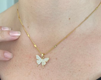 Gold Butterfly Charm Necklace, Dainty CZ Butterfly Pendant, Waterproof Mariposa Jewelry, Gift for Mom