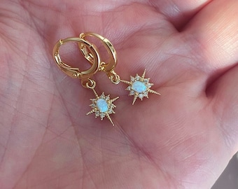 GOLD FILLED Opal Star Hoop Earrings Dainty North Star Earrings Opal Jewelry Set Gemstone Earrings HYPOALLERGENIC Christmas Gift Idea