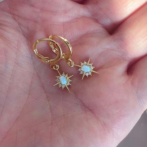 GOLD FILLED Opal Star Hoop Earrings Dainty North Star Earrings Opal Jewelry Set Gemstone Earrings HYPOALLERGENIC Christmas Gift Idea