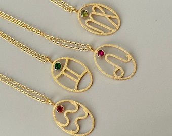 Gold Filled Zodiac Birthstone Necklace, Horoscope Constellation Pendant, Handmade Astrology Jewelry, Personalized Layering Necklace