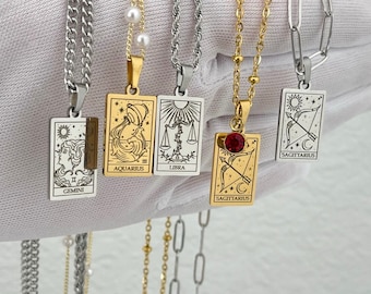 SILVER Tarot Zodiac Card Deck Necklace • Ideal Birthday Gift • Personalized Horoscope Jewelry • Dainty Tag Pendant Necklace • Gift for Her