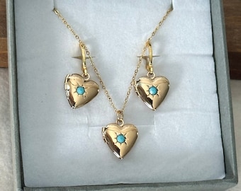 Gold Heart Locket Necklace Set with Birthstone Earrings, Personalized Photo Locket Jewelry, Birthday Gift