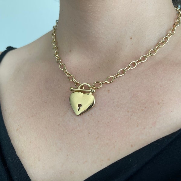 Collier ras de cou coeur en or 18 carats avec cadenas de haute qualité, pendentif coeur, collier cadenas, cadeau de Noël parfait pour elle