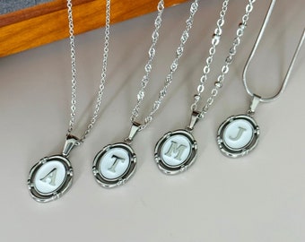 SILVER Oval Initial Necklace • Minimalist Letter Pendant • Birthday Gift • Waterproof Name Jewelry • White Charm Necklace • Bridesmaid Gift