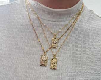 GOLD FILLED Vintage Tarot Card Deck Zodiac Necklace Antique Tarot Card Medallion Boho Wiccan Jewelry HYPOALLERGENIC Birthday Gift for Her