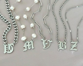 Gothic Initial Charm Necklace, Silver Dainty Name Necklace, Gold Initial Necklace, Waterproof Old English Letter Pendant, Mother's Day Gift