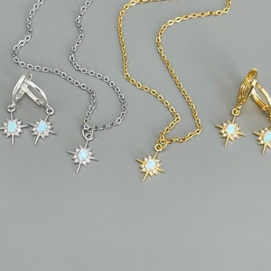 Örhängen och halsband med guldopal och nordstjärna, läckra himmelska smycken för kvinnor, örhängen med silveropal och stjärna, brudtärnegåva