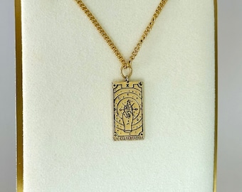 Gold Tarot Card Necklace, Wheel of Fortune Pendant, Dainty Protection Jewelry, Everyday Wear Accessory