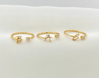 GOLD Zircon Stone Letter Ring • Minimalist Bridesmaid Gift • Adjustable Initial Ring • Dainty Name Ring • Personalized Birthday Gift for Her