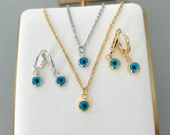 GOLD Filled Evil Eye Earrings • Good Luck Pendant • SILVER Huggie Hoop Earrings • Minimalist Everyday Jewelry • Christmas Gift
