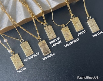 GOLD FILLED Antique Tarot Card Necklace • Zodiac Sign Jewelry • Tag Necklace • Moon Star Fortune Sun World Justice Strength • Birthday Gift