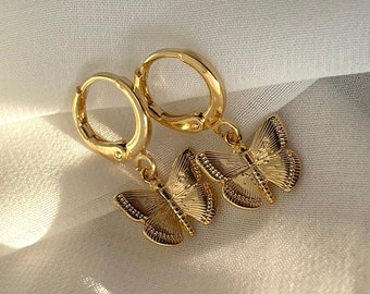 18-karatowe złote kolczyki koła w kształcie motyla • Prezent dla najlepszego przyjaciela • Biżuteria Mariposa • Małe kolczyki motyla • Prezent na Dzień Matki