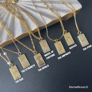 GOUDGEVULDE antieke tarotkaartketting • Sterrenbeeld sieraden • Tagketting • Moon Star Fortune Sun World Justice Strength • Verjaardagscadeau