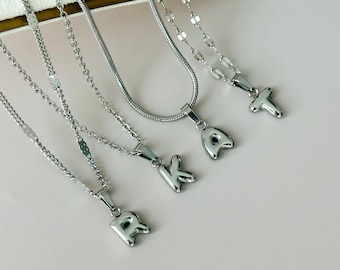 Silver Pave Chunky Balloon Name Necklace • Custom 3D Initial Jewelry • Mini Collier for Women • Tarnish Free Jewelry • Birthday Gift for Her