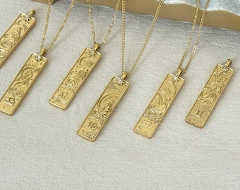 Gold Tarot Card Bar Necklace • Engraved Zodiac Pendant • Personalized Birthday Gift • Astrology Horoscope Jewelry • Christmas Gift for Her