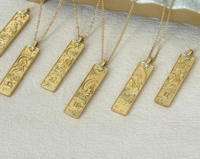 Gold Tarot Card Bar Necklace • Engraved Zodiac Pendant • Personalized Birthday Gift • Astrology Horoscope Jewelry • Christmas Gift for Her