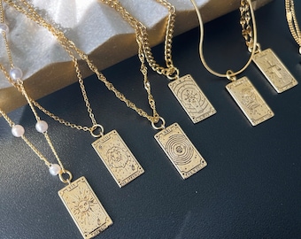 Gold Justice Tarot Necklace, Celestial Card Pendant, Waterproof Spiritual Jewelry, Vintage Style Charm