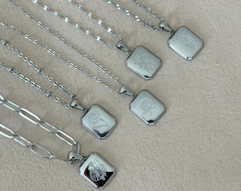 Silver Birth Month Flower Zodiac Necklace, Engraved Square Floral Pendant, Gift for Mom