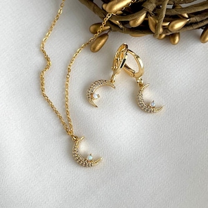 GOLD Opal Crescent Moon Necklace & Earrings Set • Moon Phase Charm • Christmas Gift • Handmade Celestial Jewelry • Best Friend Gift for Her